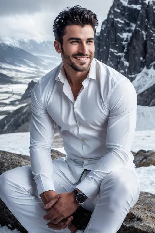 Prompt: a scene of ""hyperreal detailed face", "meditation", "lost in god", parsi handsome rugged warrior boy in hyperreal stormy snow mountain, calm smile, white kameez, detailed, hyperreal, sitting, arena, perfect composition, hyperrealistic, super detailed, 8k, high quality, trending art, trending on artstation, sharp focus, studio photo, intricate details, highly detailed, by greg rutkowski
