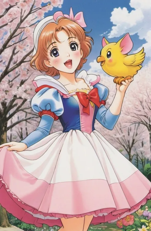 Prompt: kinomoto sakura, garden, flowers, two side up, dressing up as Snow White from Disney,
((Dress)), happy, open mouth,CLAMP, shojo, shoujo, manga, cute, pastel, soft, sakura, kinomoto,
Cardcaptor Sakura, 1990s anime series or manga,