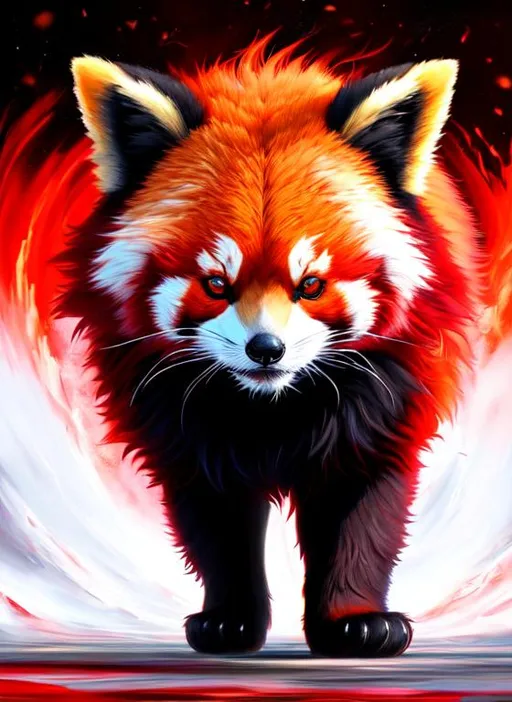 Prompt: A drawing a demonic red panda, hyperdetailed, (show full body), unreal engine, modern anime anime style, complementary colors, 8k, deviantart masterpiece, oil painting, heavy strokes