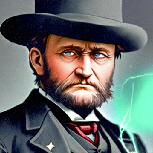 Prompt: a zoomed in picture on president Ulysses S. Grant . He is a super hero of America. His eyes are glowing red and blue with lasers. Light and super powers of super heroes around him