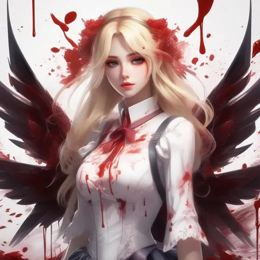 Prompt: 3d anime woman covered in blood angelic blonde hair and white dress with a knife and beautiful pretty art 4k full HD