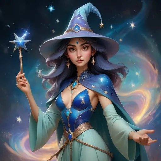 Prompt: Dreamy pastel full body portrait of an Azerbaijani woman wizard, azurite wizard hat with stars on hat, holding a metal wand, small bare chest, inviting facial expression, inviting body pose, beginning of the universe background, ethereal atmosphere, soft focus, high quality, pastel art, ethereal, mystical, dreamy full body portrait, , soft pastel colors, little attire, magical, enchanting, detailed azurite hat with stars on hat, intricate metal wand, soft lighting, ethereal atmosphere