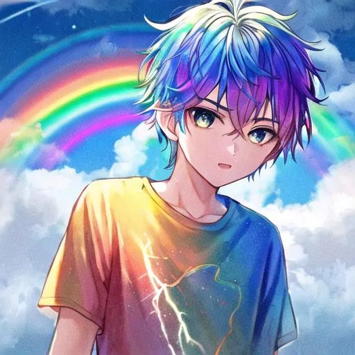 Prompt: 1boy,rainbow hair,rainbow eye,rainbow T-shirts,rainbow sky,morning,summer,rainbow ground,lightning