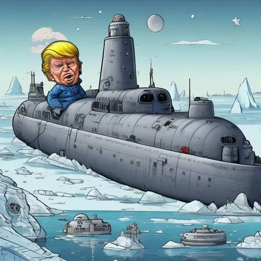 Prompt: Blip baby Trump hovering in the sky over a grey nuclear submarine in the bright white ice plains of Antarctica,  Sergio Aragonés MAD Magazine cartoon style 