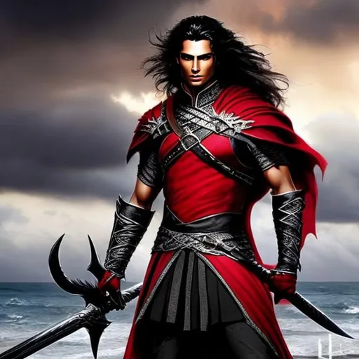 Prompt: warrior in red and black leather, Lord of the Rings Haradrim, dark skin, dark hair, handsome, middle eastern, holding a #scimitar, stormy background, style of luis royo