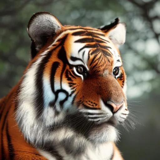 Prompt: a tiger in a dark oak forest