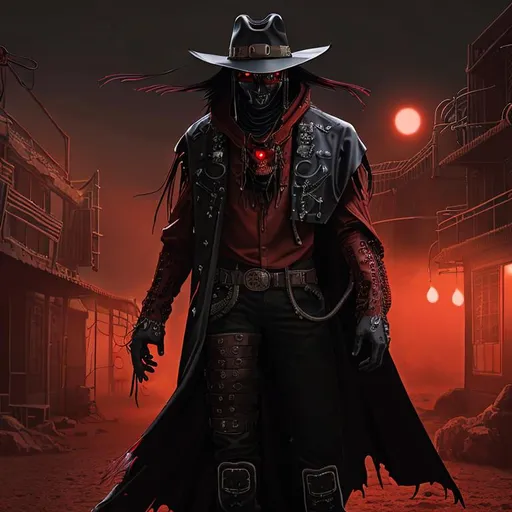 Prompt: Cyber Cowboy with 4 Arms, fiery red Poncho, Dressed in black duster and Stetson Cowboy Hat, with Red eyes, Haunting Presence, Intricately Detailed, Hyperdetailed, Desert Wild West Landscape, Dusty Midnight Lighting, Wild West Feel