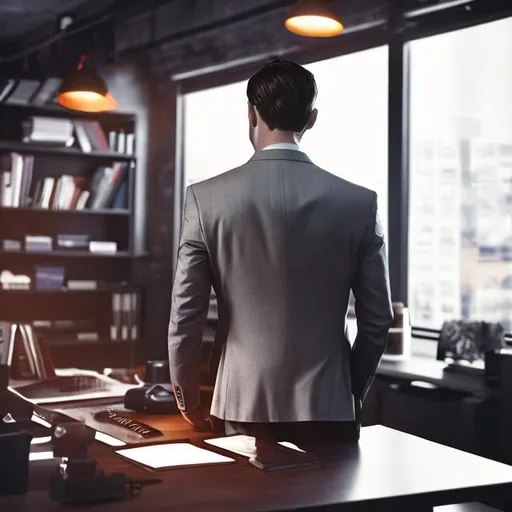 Prompt: fit, well-suited man, working, backshot, at his desk, focused, amber lighting, mancave style home office setup, in his flow state, bespectacled, image showing his back, and the room has a mystique vibe, seated
