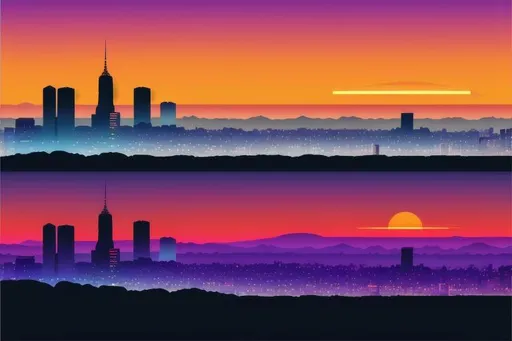 Prompt: Multiple layers of silhouette {Tokyo city}, with silhouette of { Lady Gaga + Beyonce}, professional, sharp edges, at starry dawn, with fog in air, vector style, horizon silhouette Landscape wallpaper by Alena Aenami, firewatch game style, vector style background