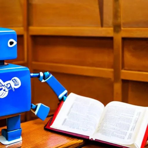 Prompt: robot using computer with law books beside it