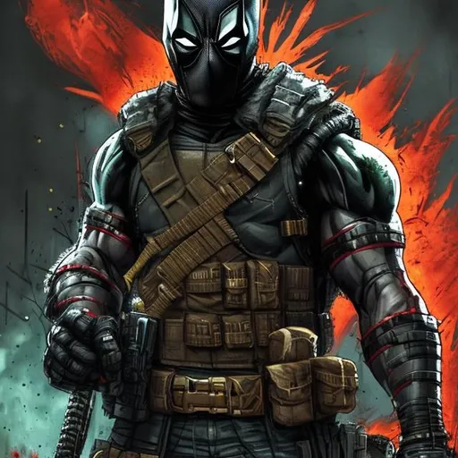 Prompt: Redesigned Gritty black and dark green futuristic military commando-trained villain deadpool Bloody. Hurt. Damaged mask. Accurate. realistic. evil eyes. Slow exposure. Detailed. Dirty. Dark and gritty. Post-apocalyptic Neo Tokyo with fire and smoke .Futuristic. Shadows. Sinister. Armed. Fanatic. Intense. 