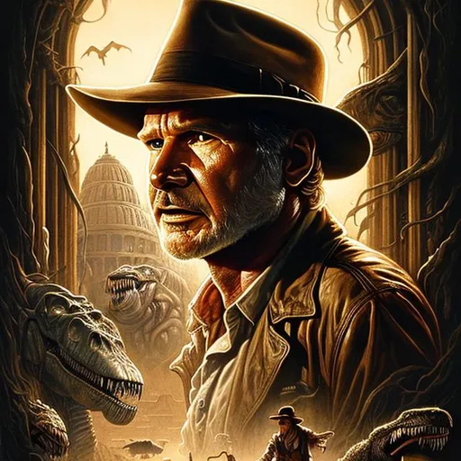 Prompt: ultra realistic illustration, incredibly detailed Harrison Ford face, {{Indiana Jones being chased by a T-Rex}}, intricate, elegant, highly detailed, digital painting, artstation, concept art, smooth, sharp focus, illustration, art by artgerm and greg rutkowski and drew struzan