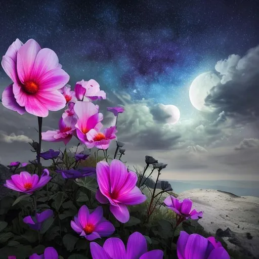 Prompt: A flower loves moon and faces longingly towards moon...long shot scenic...professional photograph of {scenery}, perfect viewpoint, highly detailed, wide-angle lens, hyper realistic, with dramatic sky, polarizing filter, natural lighting, vivid colors, everything in sharp focus, HDR, UHD, 64K