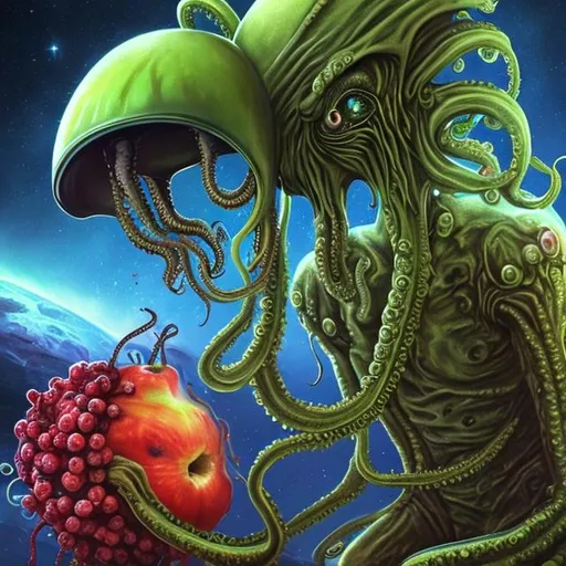 Prompt: Hyperrealistic Alien with tentacles and space suit next to ufo eating fruit