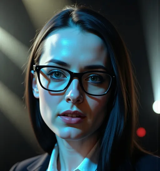 Prompt: <mymodel> with pale, shiny skin, strong bone structure,  (shiny straight black hair) and wears (thin black rimmed glasses). Dynamic overhead stage lighting, vibrant atmosphere, captivating energy, (photorealistic), high-resolution, ultra-detailed, professional photography, (stunning visuals), 4K