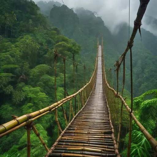 Prompt: lush Indonesian countryside, mountain ravine with rickety bamboo suspension bridge in foreground, backdrop tropical forest, heavy rain, mist, masterpiece, intricate detail, hyper-realistic, HDR, 8k
