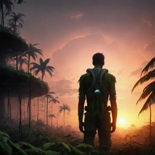 Prompt: Man standing in overgrown jungle on alien planet looking at the sunset, 4k uhd, realistic, 8k