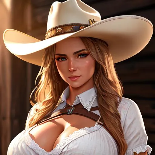 Prompt: extremely realistic, hyperdetailed, extremely busty cowgirl, the old west, highly detailed face, highly detailed eyes, highly detailed body, full body, whole body visible, full character visible, soft lighting, high definition, ultra realistic, unreal engine 5, 8K, digital art