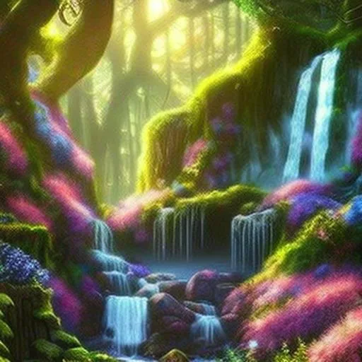 Prompt: lush fantasy enchanted magic forest with flowers and waterfalls, beautiful lighting detailed