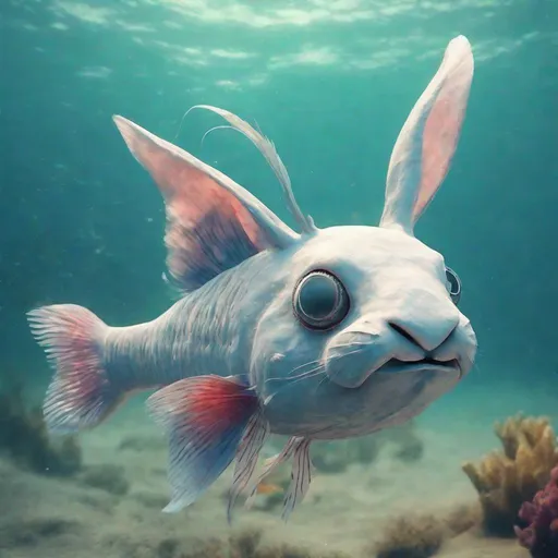 Prompt: A bunny fish, it is a mesmerized fantasy and invented animal blended mix of bunny and fish, swimming in the ocean