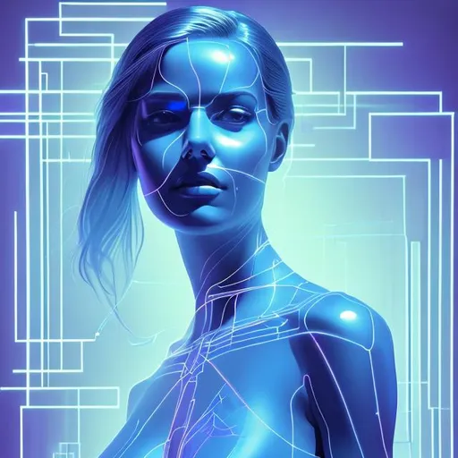 Prompt: A smooth transparent woman, blue outline, geometric lines along her body, soft neon lighting, by Jim Burns