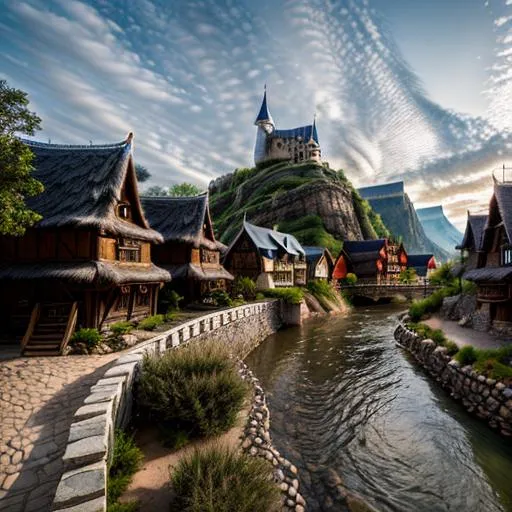 Prompt: Fantasy town along a river built on one side, panoramic picture, landscape, photo realistic, intricate details, open plains, no mountains
