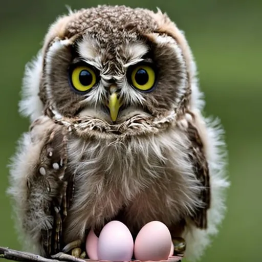 Prompt: baby owl holding a egg
