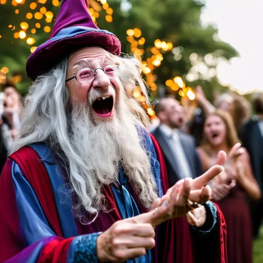 Prompt: A wizard, extremely excited, yelling "hell yes!" because he's just been invited to a wedding
