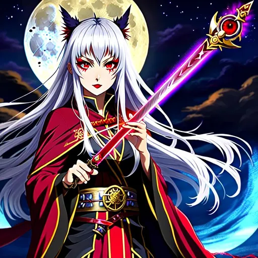 Prompt: anime wizard, blood magic, full moon background, shimmering full eyes, epic weapon, water in eyes, eye shadow, subtle reds, painted lips, sword, robe, looking at camera, logo style