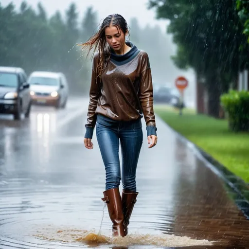 Prompt: photo of young woman, soaking wet clothes, brown leather boots, long skinny jeans, tight sweater,  , walking towards me in rain storm,   enjoying, water dripping from clothes, clothes stuck to body,  detailed textures of the wet fabric, wet face, wet plastered hair,  wet, drenched, professional, high-quality details, full body view.