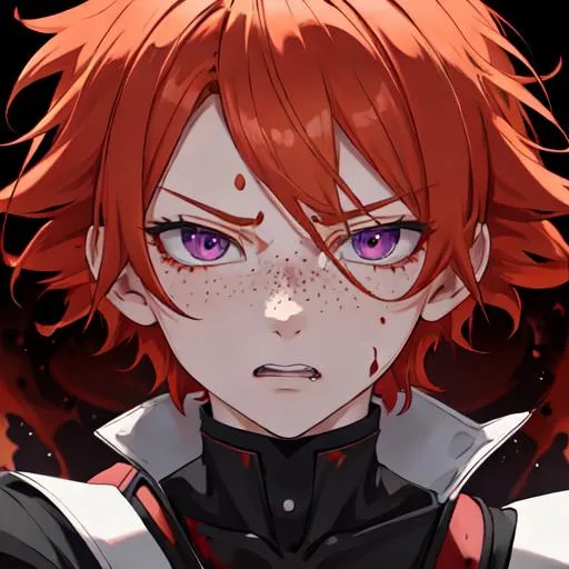 Prompt: Erikku male adult (short ginger hair, freckles, right eye blue left eye purple) UHD, 8K, Highly detailed, insane detail, best quality, high quality,  anime style, in purgatory, angry, fighting, covered in blood