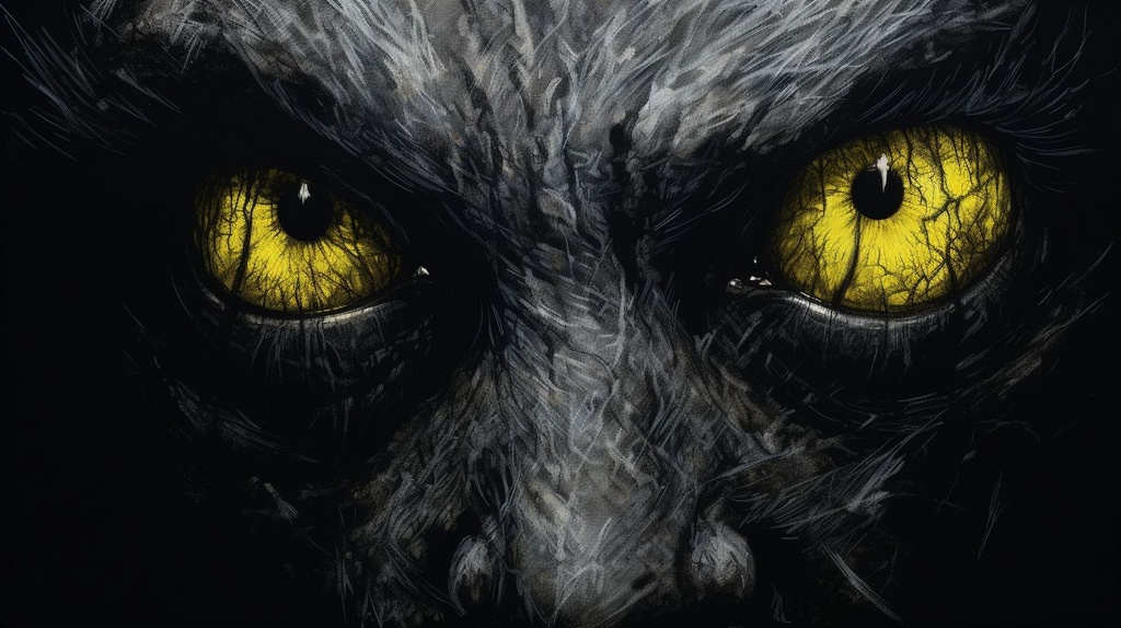 Prompt: demon emerge from the darkness, white on black drawing, yellow intense eyes