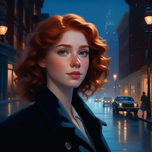 Prompt: Third person, gameplay, American girl, pale skin, freckles, curly ginger hair, hazel eyes, 2020s, smartphone, streets of Philadelphia at night, fog, blue atmosphere, cartoony style, extremely detailed painting by Greg Rutkowski and by Henry Justice Ford and by Steve Henderson 

