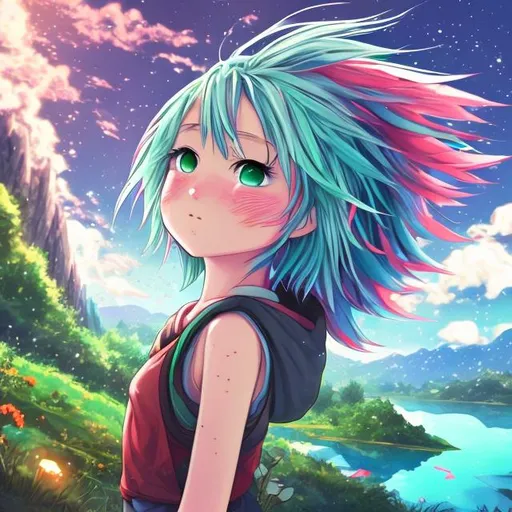 Prompt: anime style, friend on a journey, forest, sunny, lake,duck in the sky, hdr10, vivid, pink and blue hair, red and green hair, girl, blue eye ,blue lake