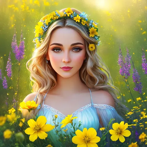 Prompt:  a fairy goddess, yellow flowers, ethereal beauty, soft light,surrounded by wildflowers, closeup