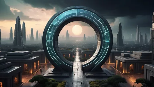 Prompt: magical portal between cities realms worlds kingdoms, circular portal, ring standing on edge, upright ring, freestanding ring, hieroglyphs on ring, complete ring, ancient aztec architecture, zigurat, pylons, gardens, hotels, office buildings, shopping malls, large wide-open city plaza, panoramic view, dark night, rain, futuristic cyberpunk tech-noir setting, elevated view