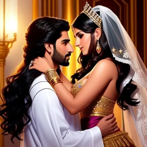 Prompt: A Masculine Middle Eastern King Solomon and a 16 year old Beautiful Feminine Middle Eastern Shulamite Girl with black eyes, brown skin, black wavy hair, and a busty hot body on their wedding night. (sensual) . (erotic). (romantic). sweet couple. Whole body. Bedroom. Ultra realistic. 