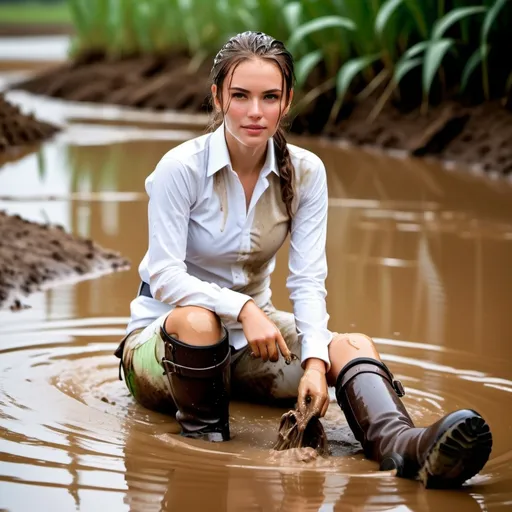 Prompt: photo of young woman, soaking wet clothes, Riding boots, White mud stained jodhpurs, White shirt,  , Sitting in muddy water,   enjoying, water dripping from clothes, clothes stuck to body,  detailed textures of the wet fabric, wet face, wet plastered hair,  wet, drenched, professional, high-quality details, full body view 