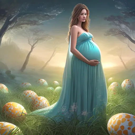 Prompt: Pregnant woman in a long flowing gown in a field of giant eggs. 
