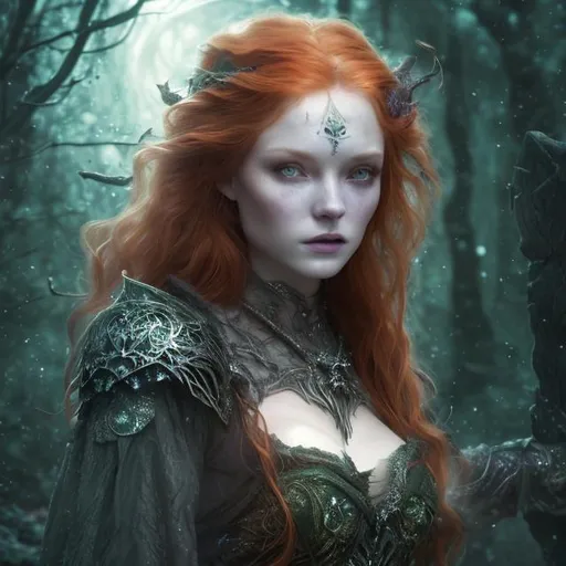 Prompt: Detailed fantasy 8k mystical light portrait of a witch with ivory clear skin, long redhead hair and deep purple eyes. Gorgeous hot body, she wears elegant aderent green dress, night light, forest, dramatic, charming pose, magical, fantasy,  high detailed, dramatic light
