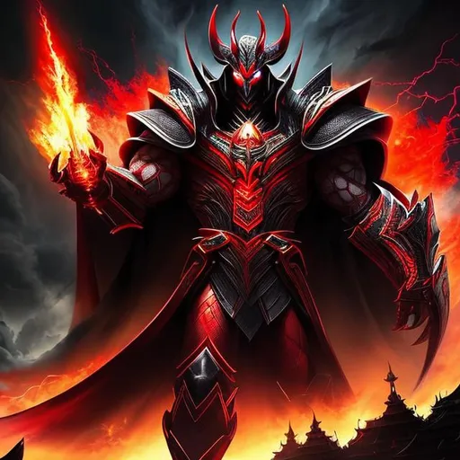 Prompt: (mega detailed) (4x+anime) Dark jokowidodo god standing, 100 feet tall, (black and red armor) (Black and red lightning blot imprint) black and red lightning skies. large sword in his hand, burning city behind