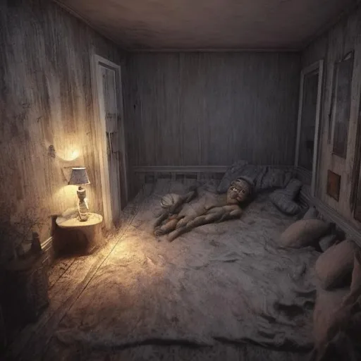 Prompt: bedroom at night with a blurry face belonging to an inhuman creature in a distant corner, uncanny valley, off-putting, weird, anxiety inducing imagery, photo that engages fight or flight response in the viewer