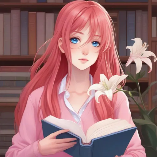 Prompt: portrait of anime girl with long red hair with white lily flower, blue eyes wearing a pink shirt, a pink sweater with a book in her hand, Dan Content, sakimi chan, an anime drawing, computer art