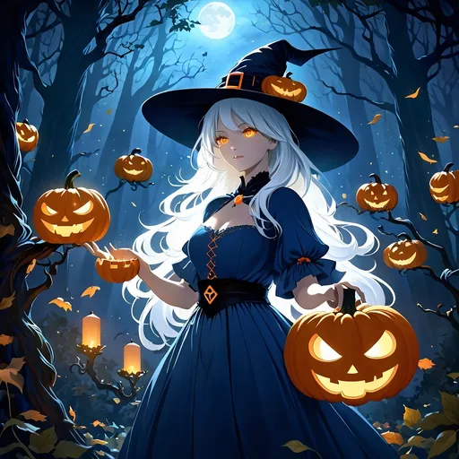 Prompt: witch with white hair and blue dress, pensive expression, in a forest at night, holding a pumpkin with glowing eyes