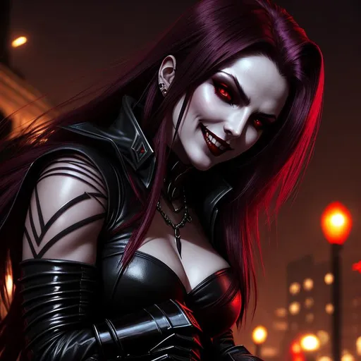 Prompt: Female vampire inspired by Soul Reaver, Clan Gangrel, she is feeding on a victim, she is looking down at the viewer, vampire the masquerade, detailed symmetrical face, attractive face, full body picture, bloodthirsty grin, showing perfect teeth, cyberpunk night time style background, well lit by street lights, vampire, 