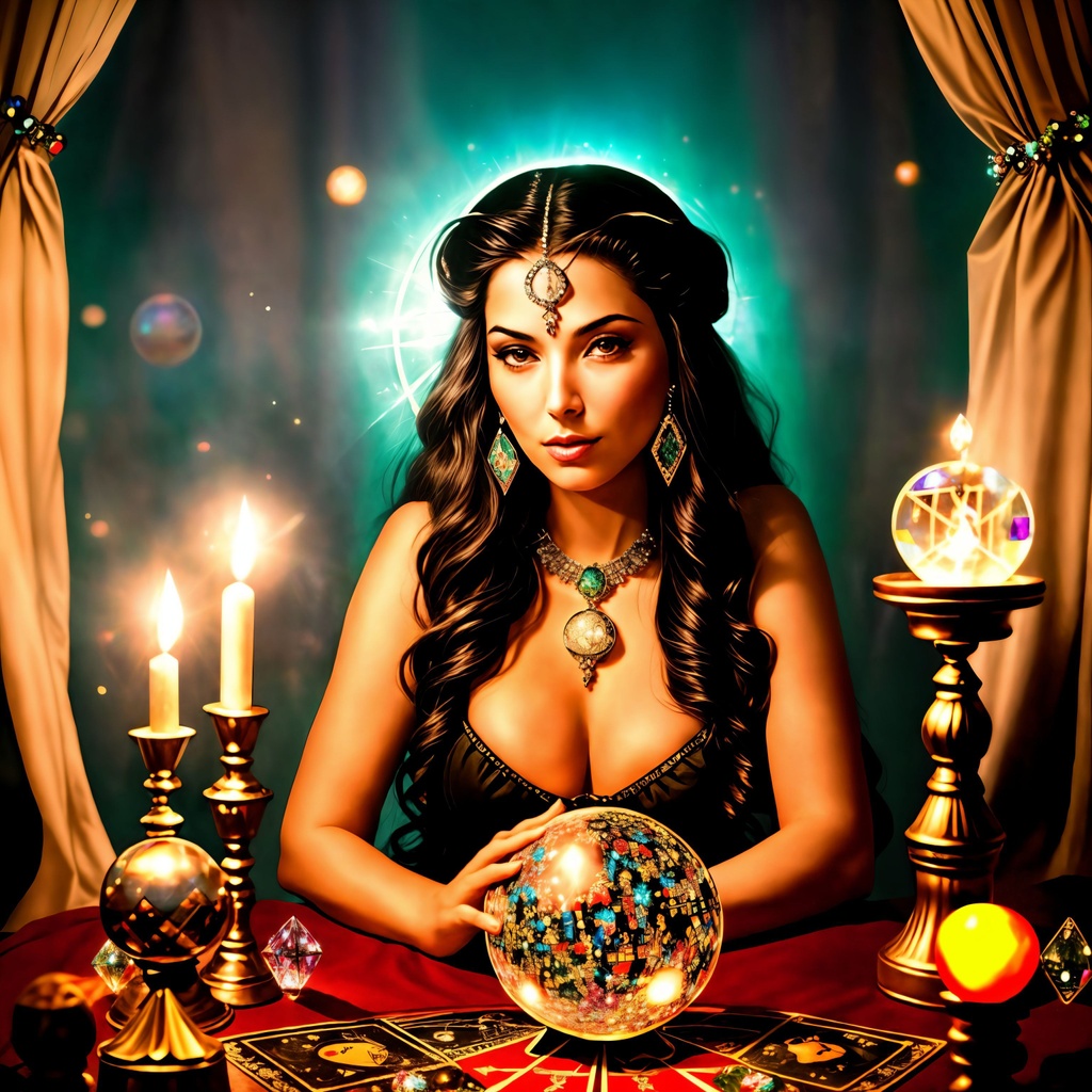 Prompt: raw photo of stunningly beautiful gypsy fortune teller <lora:myownface:1> in 50s pinup style, long dark hair, (tarot cards, glowing crystal ball:1.3), aura, gypsy caravan, candles, gypsy wagon, wisps of smoke, mystical, atmospheric lighting, cinematic composition, concept art, digital illustration, detailed.<lora:add_detail:0.3>, (high detailed skin:1.2), 8k uhd, dslr, soft lighting, high quality, film grain, Fujifilm XT3, <lora:add_detail:1>