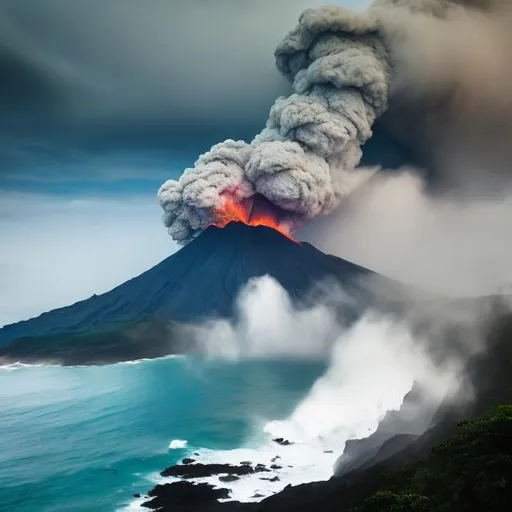 Prompt: Amidst a tropical island's lush greenery, a mighty volcano looms, its peak obscured by mist. Massive waves crash against the rugged shoreline, creating a dramatic contrast between the serene island and the untamed forces of nature.




