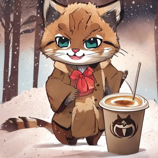 Prompt: anime bobcat holding coffee