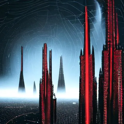 sci fi black and red fortress on black in space land... | OpenArt