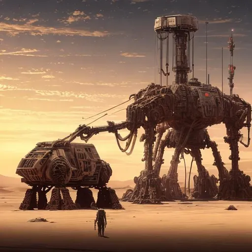 Prompt: desert, at-te, oil rig, mobile, huge, scifi
